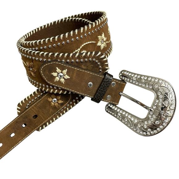 Nocona Belt Co Brown Leather Belt XL Silver Buckle Rhinestones Western Heavy - Picture 1 of 10